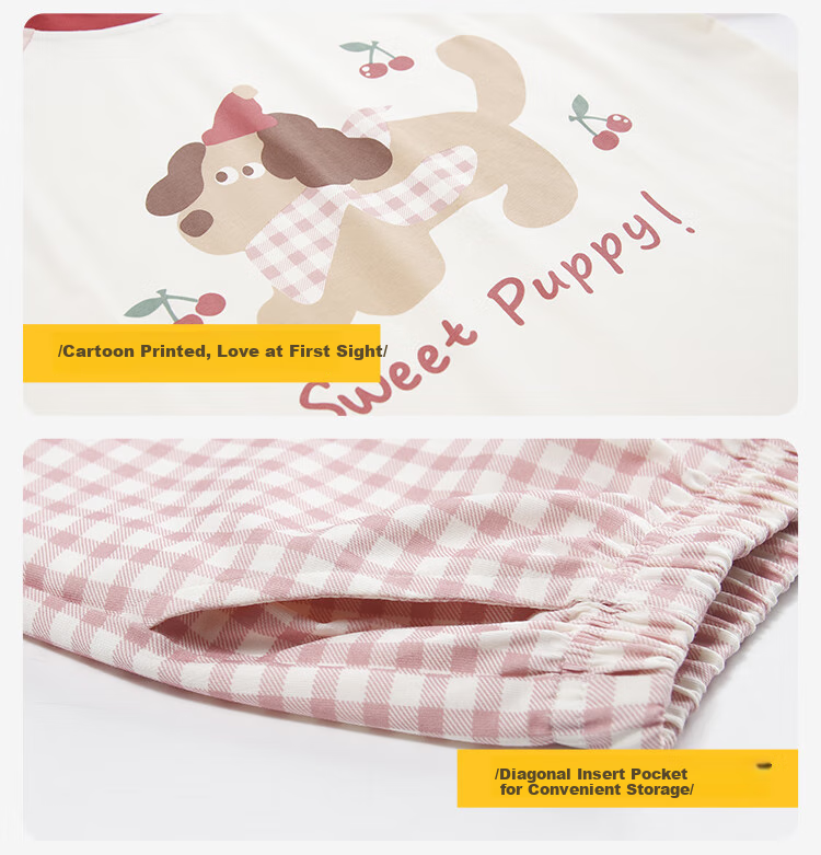 Yunxiangyi Children's Pajamas, Spring And Summer Breathable Modal Cherry Blue Plaid Dog Girl's Sleepwear, Wearable Outside, Loungewear, Size 16 15