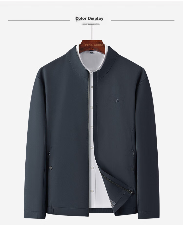 FIRS Men's Jacket for Spring And Autumn, Business Casual Commute Wear, Solid Color Stand Collar, Zipper Windproof Smooth Men's Outerwear 9