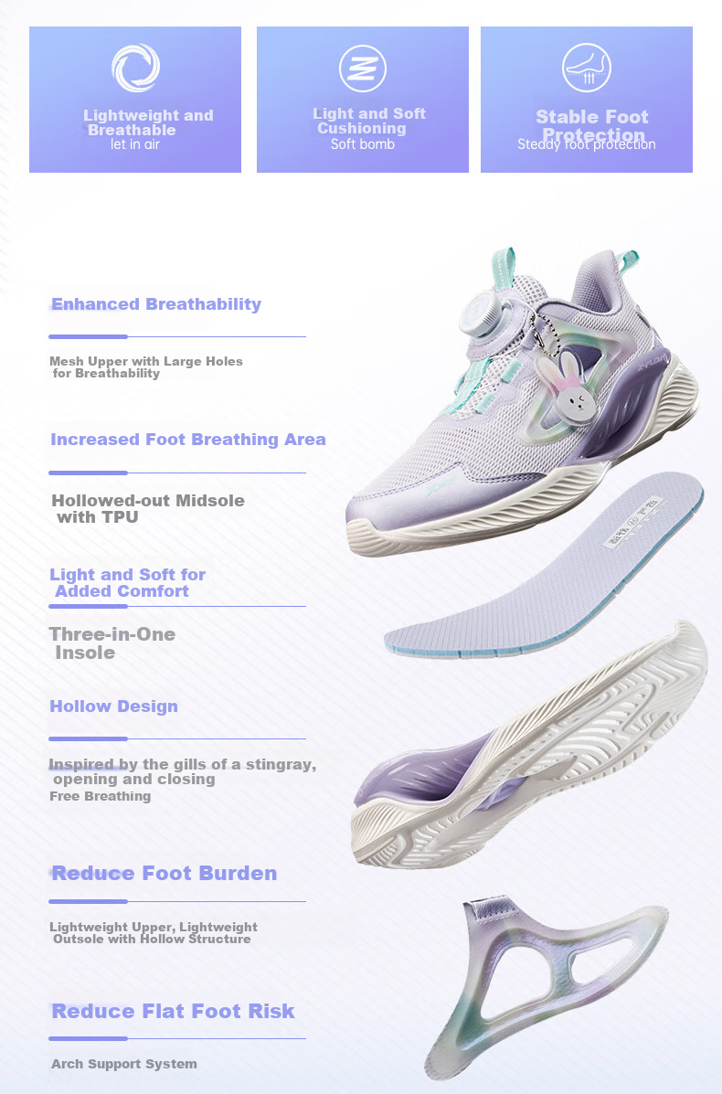 XTEP Children's Shoes [Hydrogen Wind 8.0 Foot Protection] Breathable Cage Rotating Buckle Running Shoes, Light Purple/snow Purple, Size 36 3