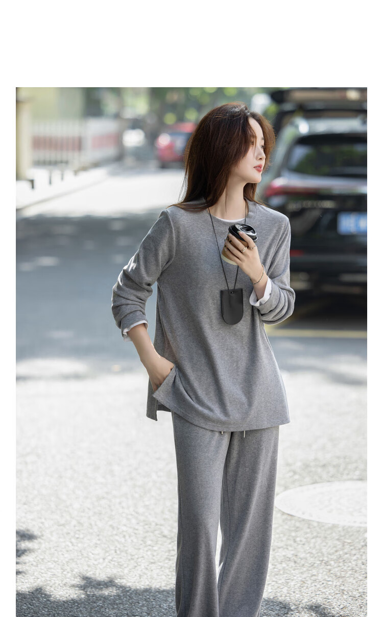 Dme Women's Two-Piece Set Autumn Elegant Round Neck Side Slit Top and Elastic Waist Long Pants for Petite 9