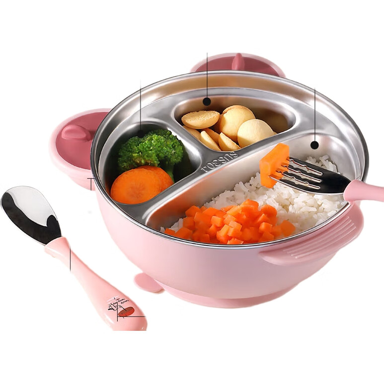 Детская тарелка COOKSS, 316 нержавеющая сталь, с присоской, с вилкой и ложкой, розовая