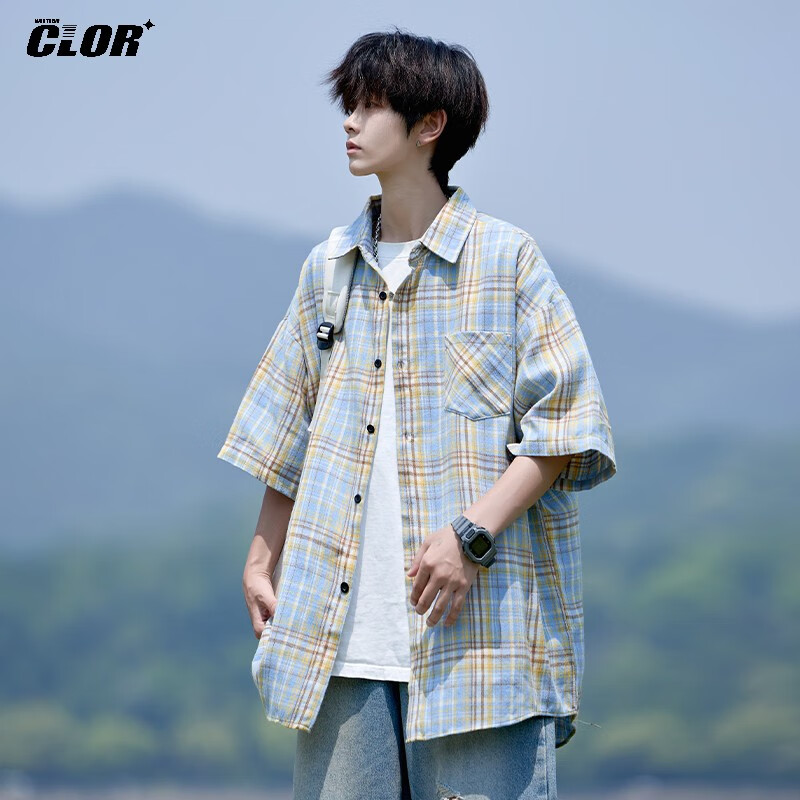 CLOR Men's Plaid Short Sleeve Shirt Spring Summer Ins Loose Casual Retro Jacket CLCX10 Yellow L