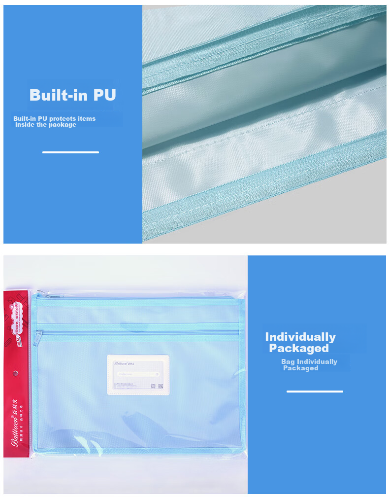 Bailiwen F6256 Blue-Green 3-Pack Subject Bags, Double-Layer 3D Zipper Pouches, School Bag, Homework Storage Bag, Exam Paper Bag, A4 Document Folder 4