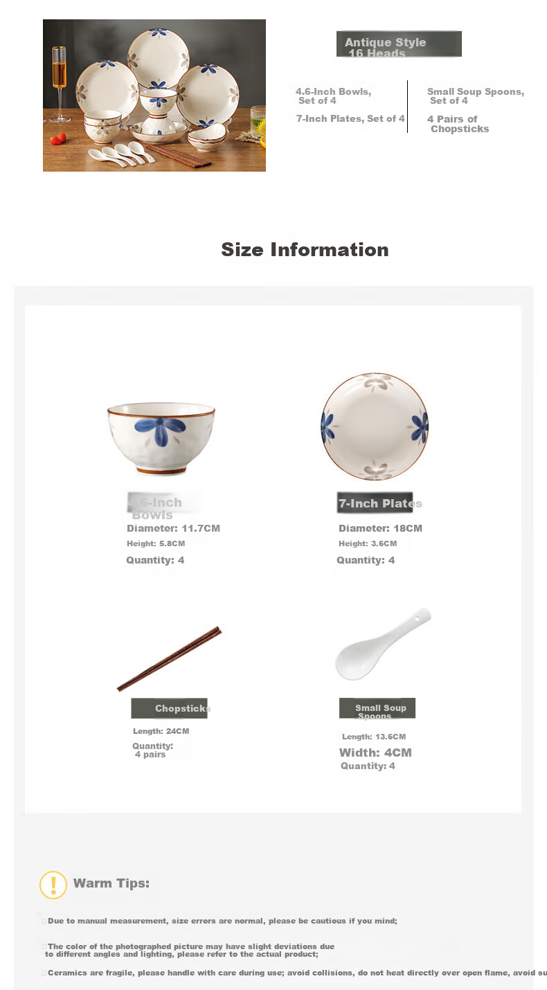 Hechuanwu Japanese-Style Tableware Set, Underglaze Color Ceramic Bowls And Chopsticks Set, Home Use Tableware Set, Housewarming Gift, 16-Piece Antique-Style Combinatio 2