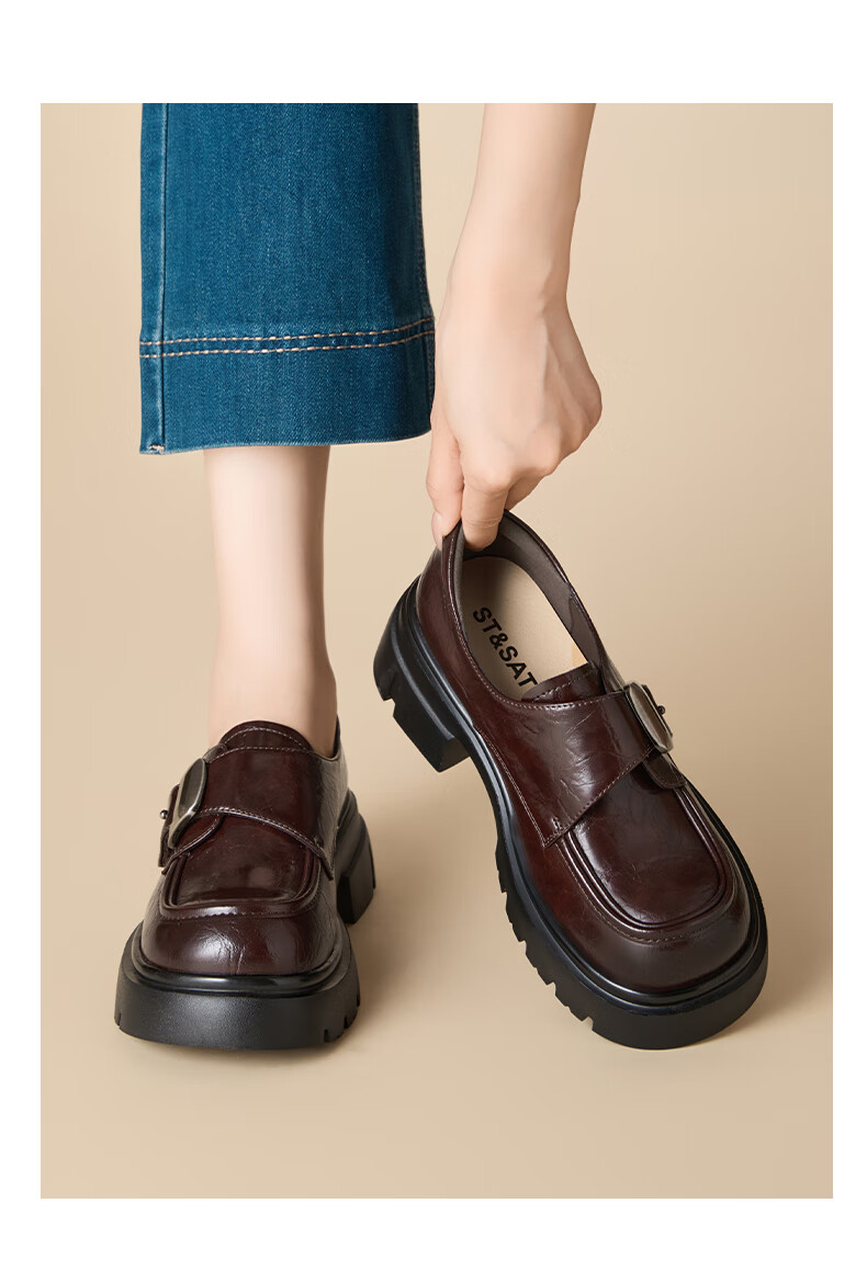 St&Sat Fleece-Lined Loafers for Women 2025 New Winter Warmth Small Size Height Increase British Style Comfortable Versatile Black Leather Shoes 4