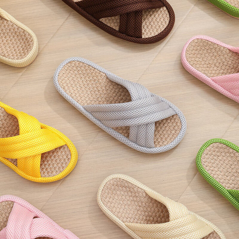 XGGC Linen Slippers for Men Summer Thick Sole Four Seasons Indoor Breathable Non-Slip Cross Linen Slippers for Women Green M