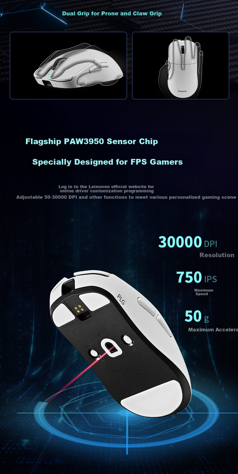 Leimoren Lomz-PLG P Gaming Mouse, CSGO Dedicated Dual-Mode Optical-Mechanical PAW3950 Flagship Sensor Chip, Portable Wireless 8K Rechargeable Anti-Slip Wired Jade Kyli 9