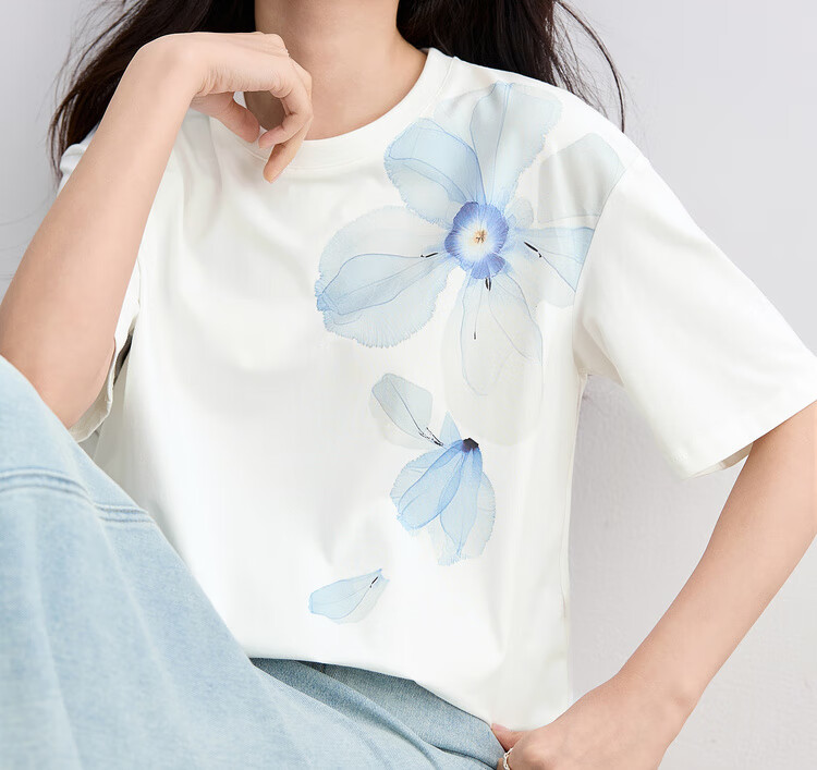 Sentubila Cotton-Padded Tie-Dye Iris Round Neck Drop Shoulder Short Sleeve T-Shirt for Women, Summer Commute Loose Fit Slimming Elegant Top 21