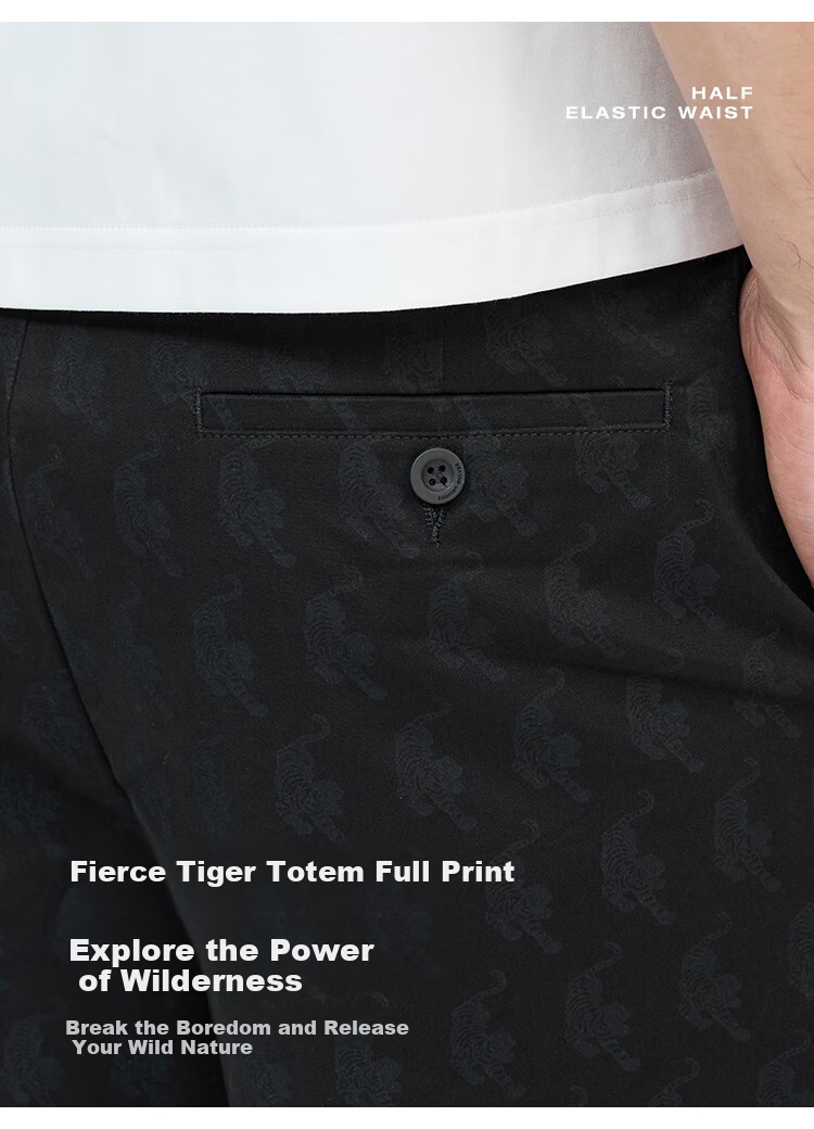 DANCING WOLVES [Comfortable Cotton Spandex] Summer Fashion Tiger All-Over Print Versatile Stretchy Men's Casual Shorts, 001 Black, Size 33 6