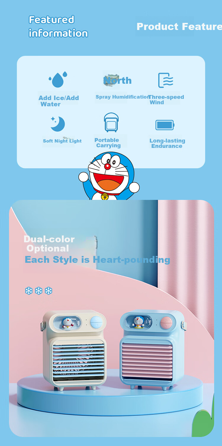 ROCK Doraemon Handheld Fan Digital Display Turbo Strong Wind Portable Silent Mini USB Fan Long Battery Life Cute Cooling Blue 2