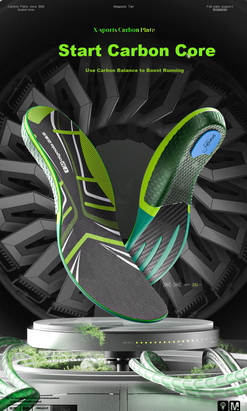 Maigaole Racing Shoes Insoles, Marathon Full-Length Carbon Plate, Running Speed Enhancement, Rebound, Green, Size 37-38 1