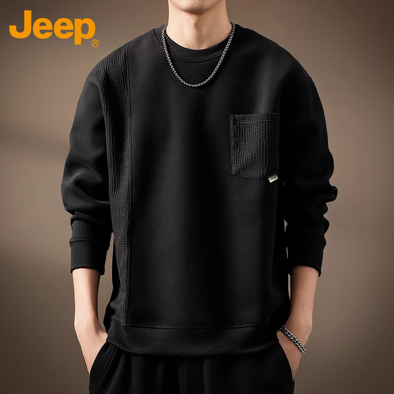 JEEP Men's Hoodie Jacket Autumn Winter Trendy Loose Long Sleeve T-Shirt Casual Top Black L