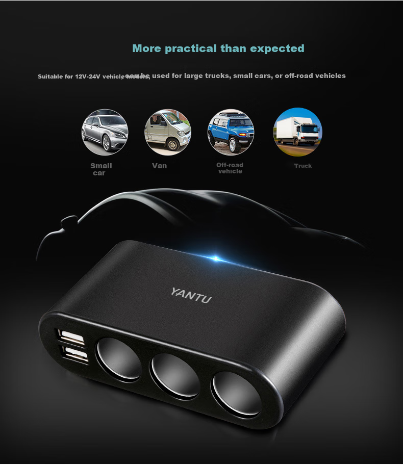Yantu Car Charger Super Fast Charging Cigarette Lighter Adapter Three-In Dual USB Voltage Detection LED Black B08 5