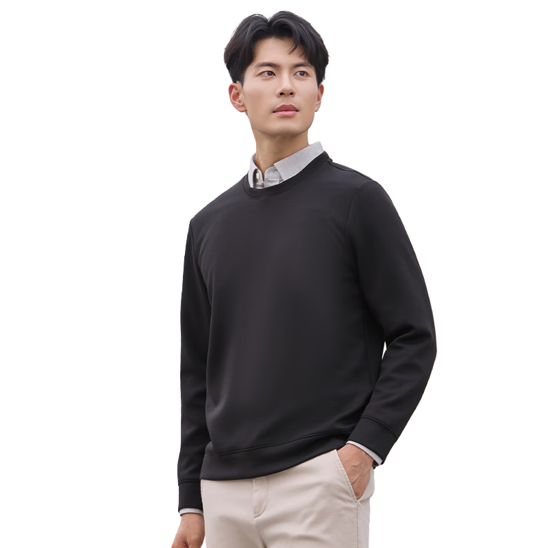 Laxdn Men's Autumn Winter Crew Neck Pullover Sweatshirt with Wool High Elastic Long Sleeve T-Shirt Base Layer Dark Black XL