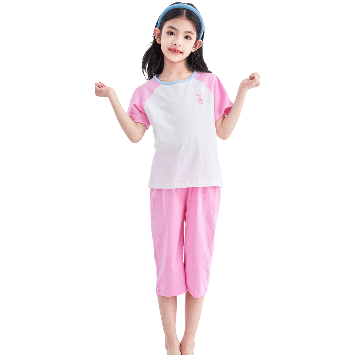DEESHA [7A Antibacterial Cotton] Girls' Spring And Summer Short-Sleeve Capri Pants Pajama Set, Baby Two-Piece Sleepwear, Rose Pink