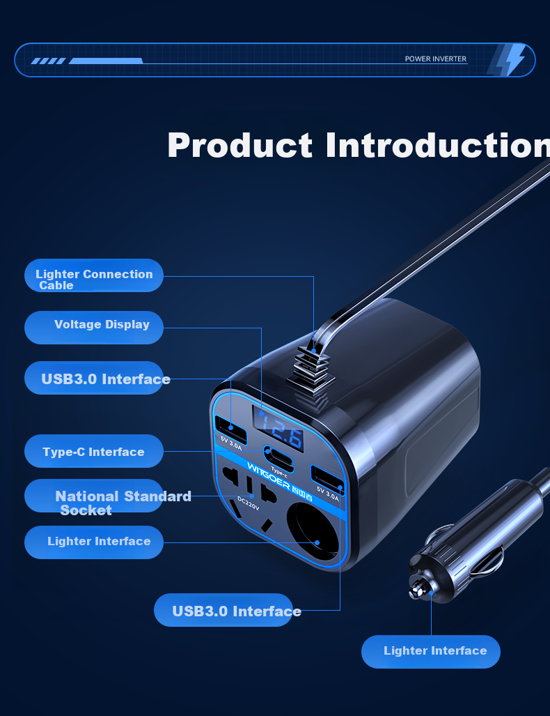 WITGOER Car Power Inverter, 12V/24V to 220V High-Power Converter, Cigarette Lighter Adapter, Super Fast Charging Socket Head 20