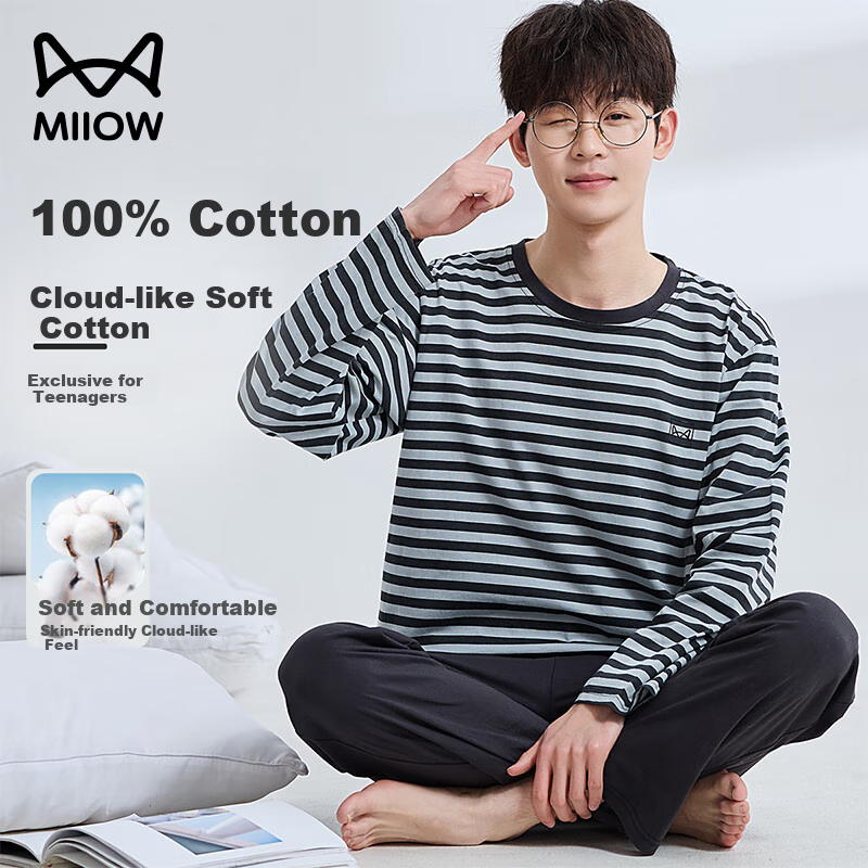 MiiOW Children's Pajamas [100% Cotton], Youth Boys' Autumn And Winter Sleepwear, Suitable for Middle And High School Students, Wearable Outside As Loungewear Set