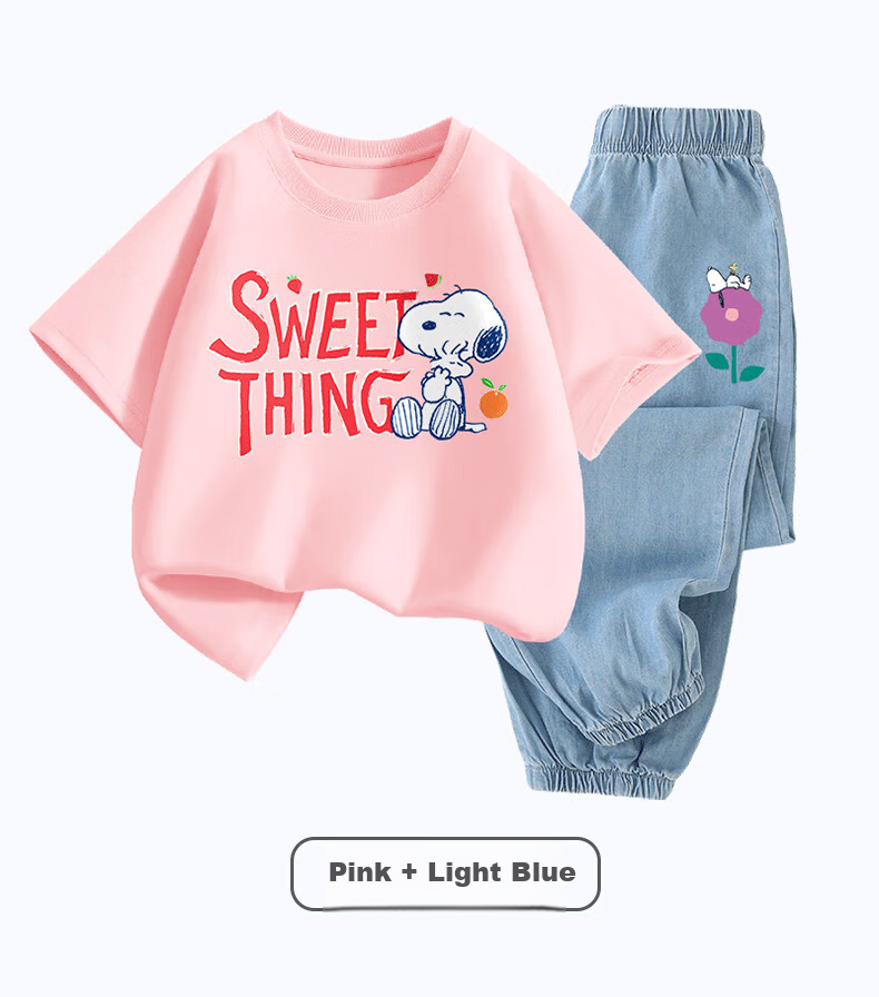 SNOOPY Girls' Short-Sleeve Set, Children's Short-Sleeve T-Shirt And Jeans 2-Piece Set, White Belle + Dark Blue Bell, Size 110 8