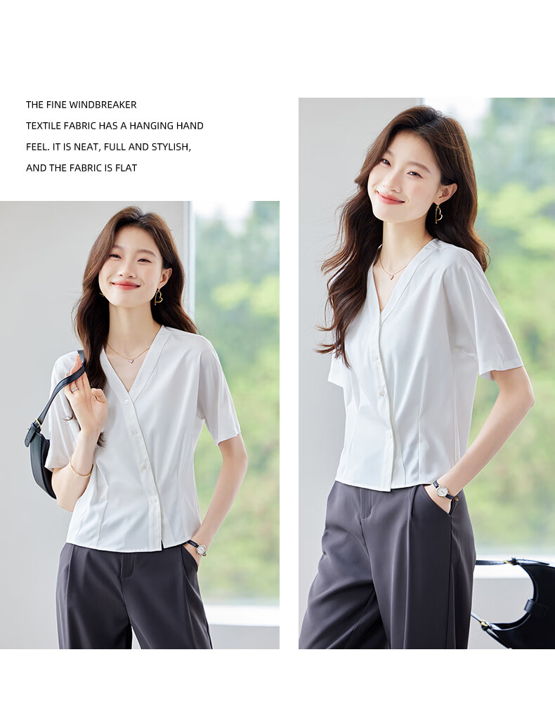 Jeanswest Women's Short Sleeve Shirt 2026 Summer French Style V-Neck Fashion High-End White Top M 8