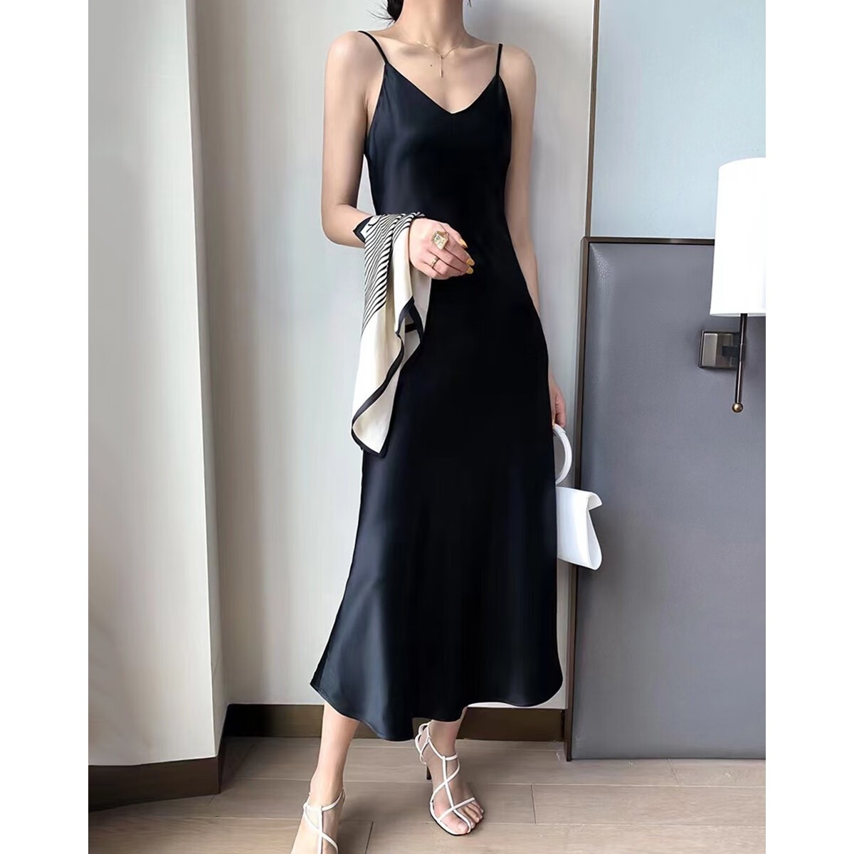 Dme [Glossy Satin Spaghetti Strap Dress], Elegant X-Shaped Spaghetti Strap Midi Dress for Women, Spring And Summer
