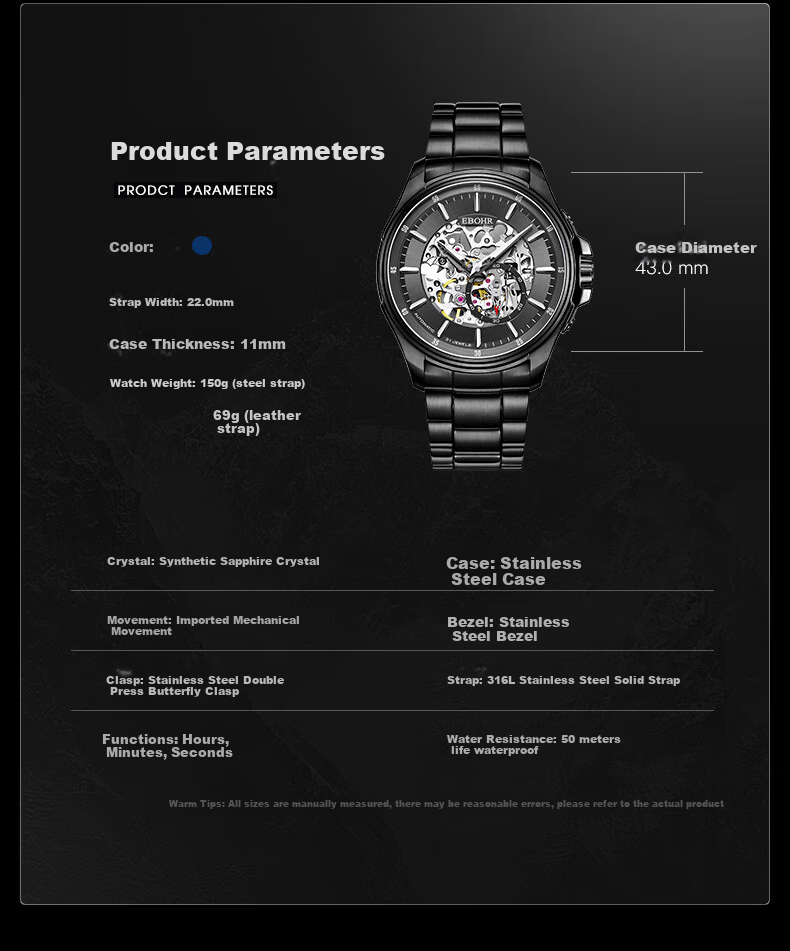 EBOHR Explorer Watch for Men, Glossy Black Skeleton Mechanical Watch, Birthday Gift for Men, Holiday Present, Model 51280215, Gift for Boyfriend 27