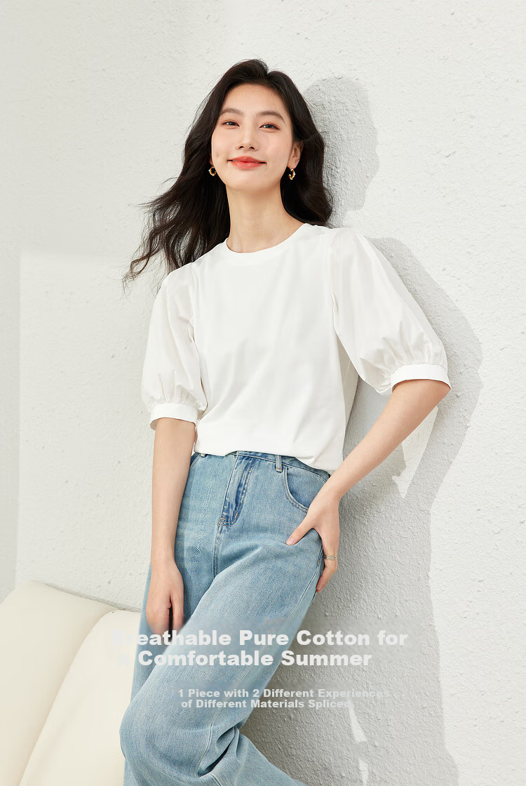 Vimly Elegant Commuter Lantern Sleeve Cotton T-Shirt for Women, New Summer 2026 Loose Short-Sleeve Distinctive Top 8