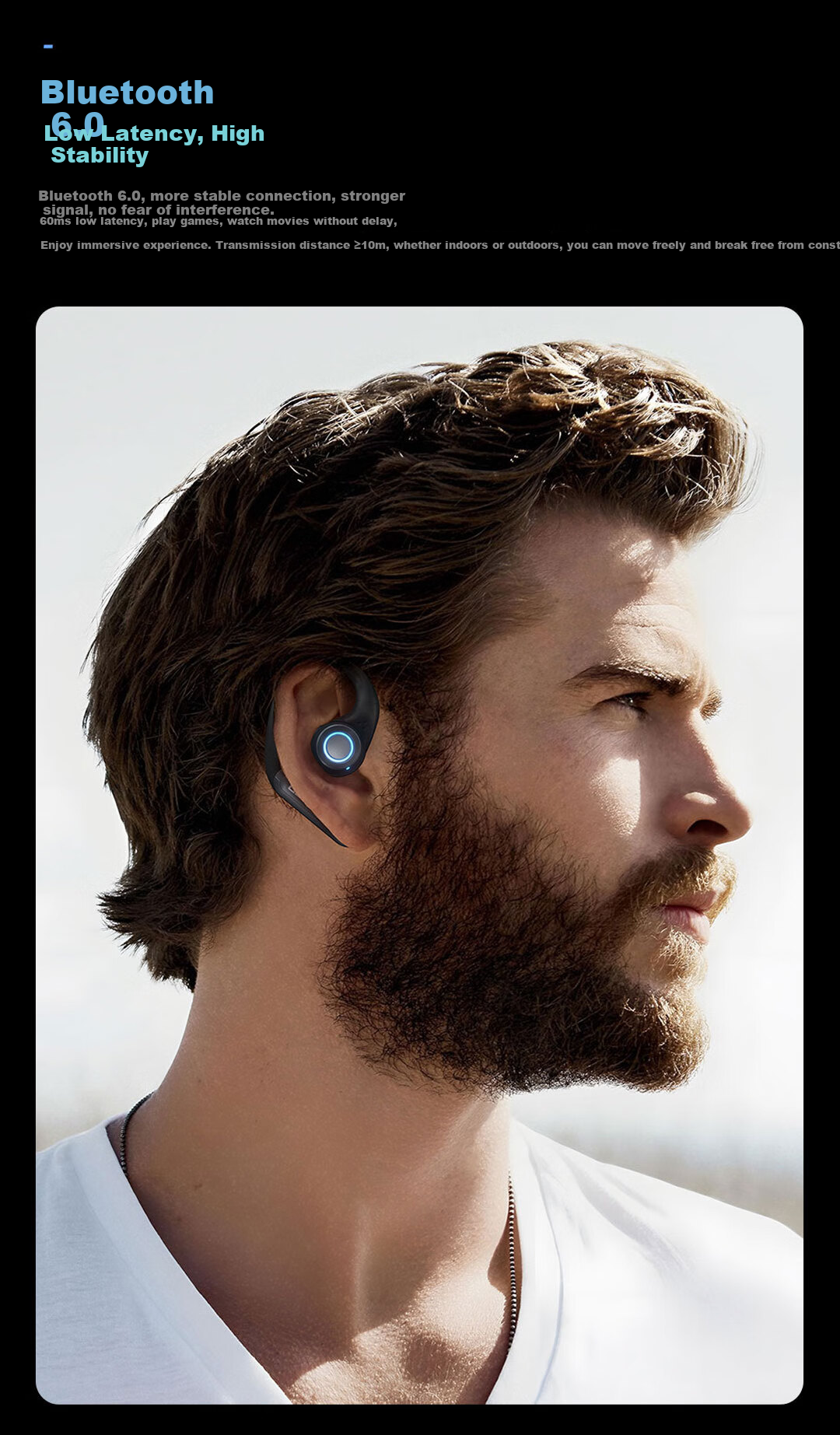 Monster Bluetooth Headphones, Bone Conduction Concept, True Wireless, Over-Ear, Open-Style, Non-In, Clip-On, Sports, Running, Long Battery Life, High Aesthetic Value, Light Effects, T101 Black 3