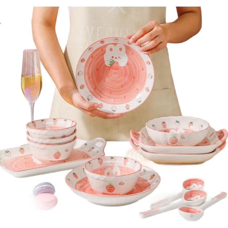 Набор керамической посуды CERAMICS "Клубничный кролик", набор для обеда из 6 предметов на двоих, милый домашний обеденный набор