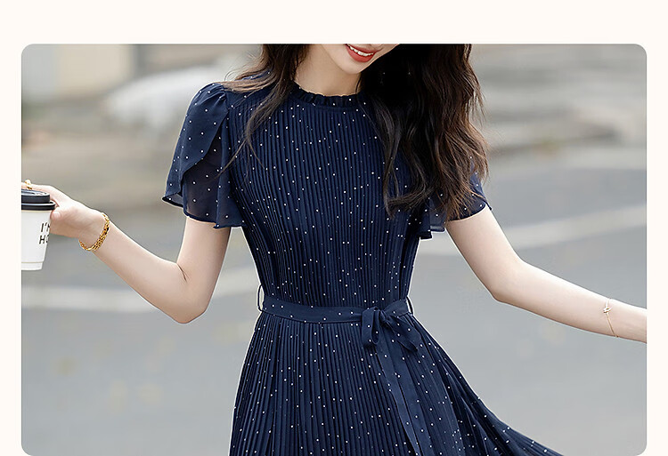 Dme [Watermark Dotted Print], Summer Elegant Gradient Pleated Lotus Leaf Sleeve Tie-Back Flowing Mid-Length Women's Dress 2