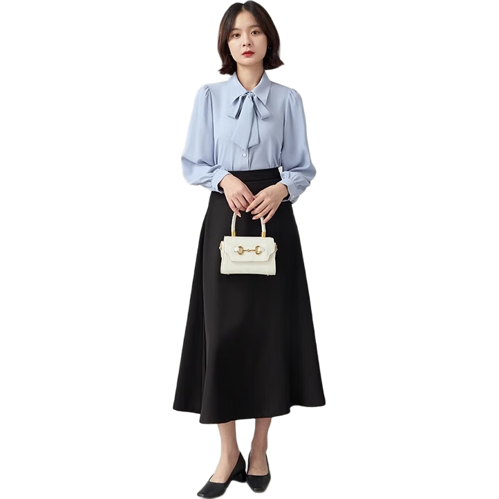 Bodexiaojie Blue Blouse Dress for Women, Elegant Professional Attire for Teaching And Work, Formal Wear, Commuter Style, Solid Color Shirt