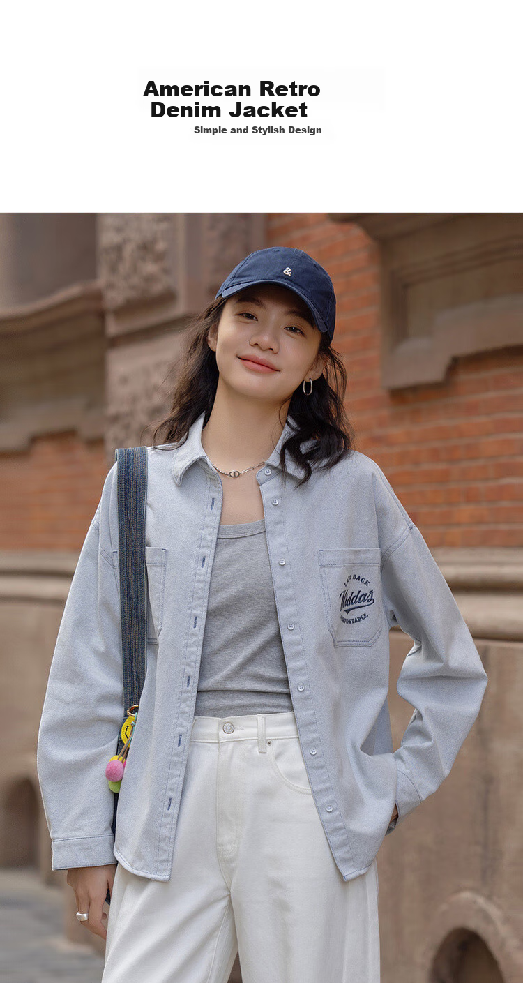 Dme [Breathable Denim] Spring American Retro Cloud-Feel Cotton Pocket Embroidered Lapel Loose Women's Denim Jacket 1
