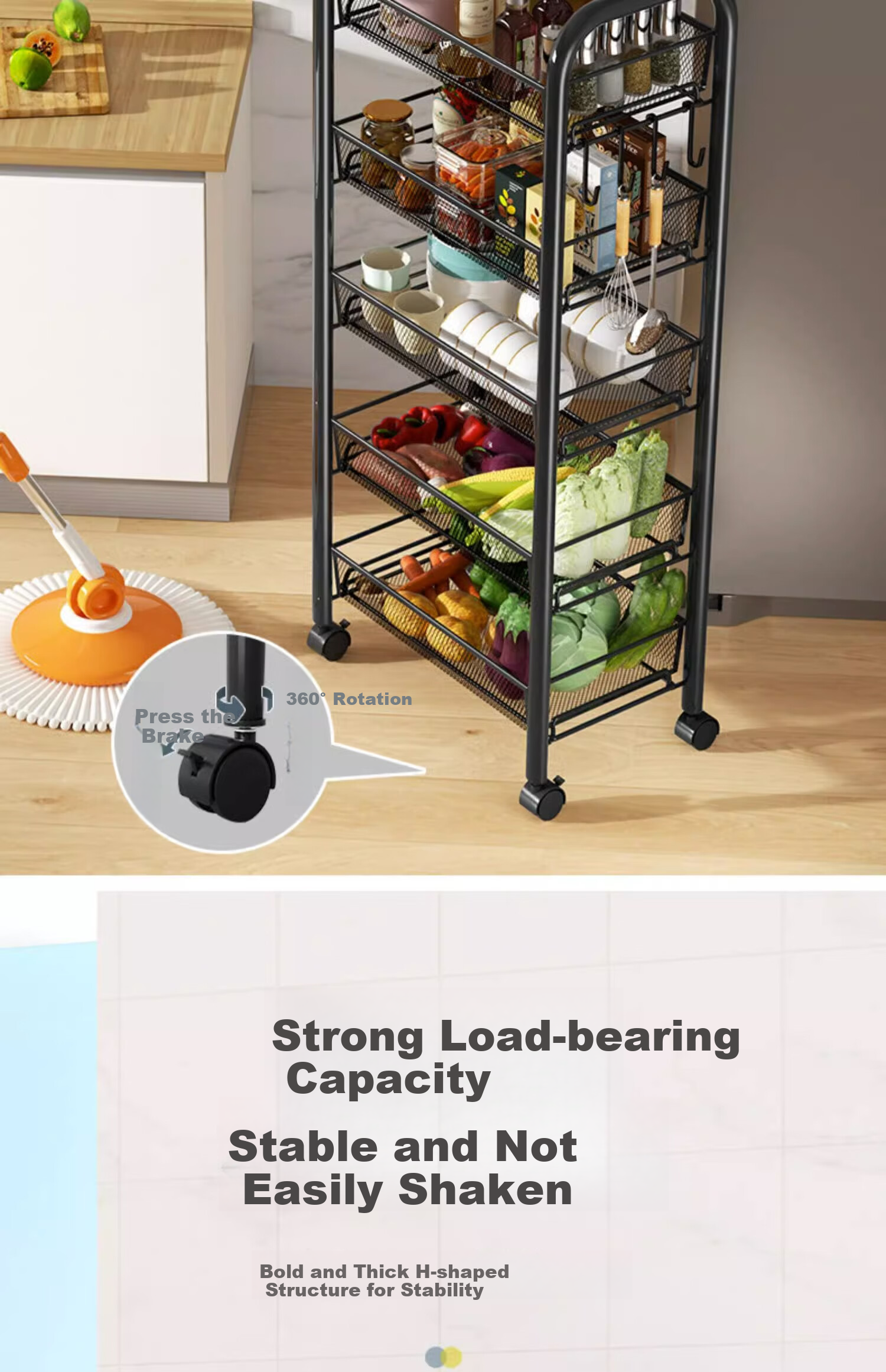Jiuqiangu Multifunctional Kitchen Storage Rack, Floor-Standing Organizer, Mobile Storage Cart, Vegetable Shelf, Snack Rack 5694 9