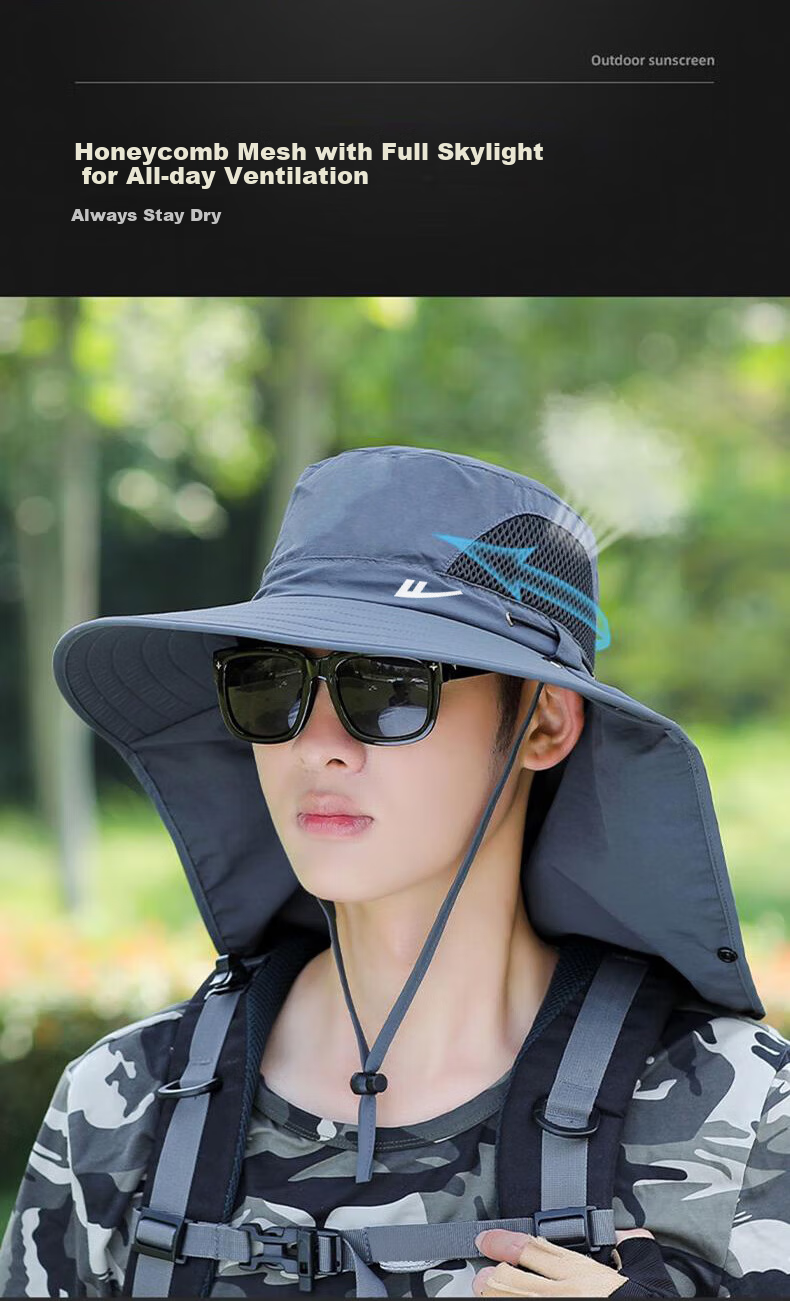 Huili Sun Hat for Men, UV Protection Face Covering Hat, Outdoor Neck Guard Fishing Straw Hat, Simple Fisherman Hat 7