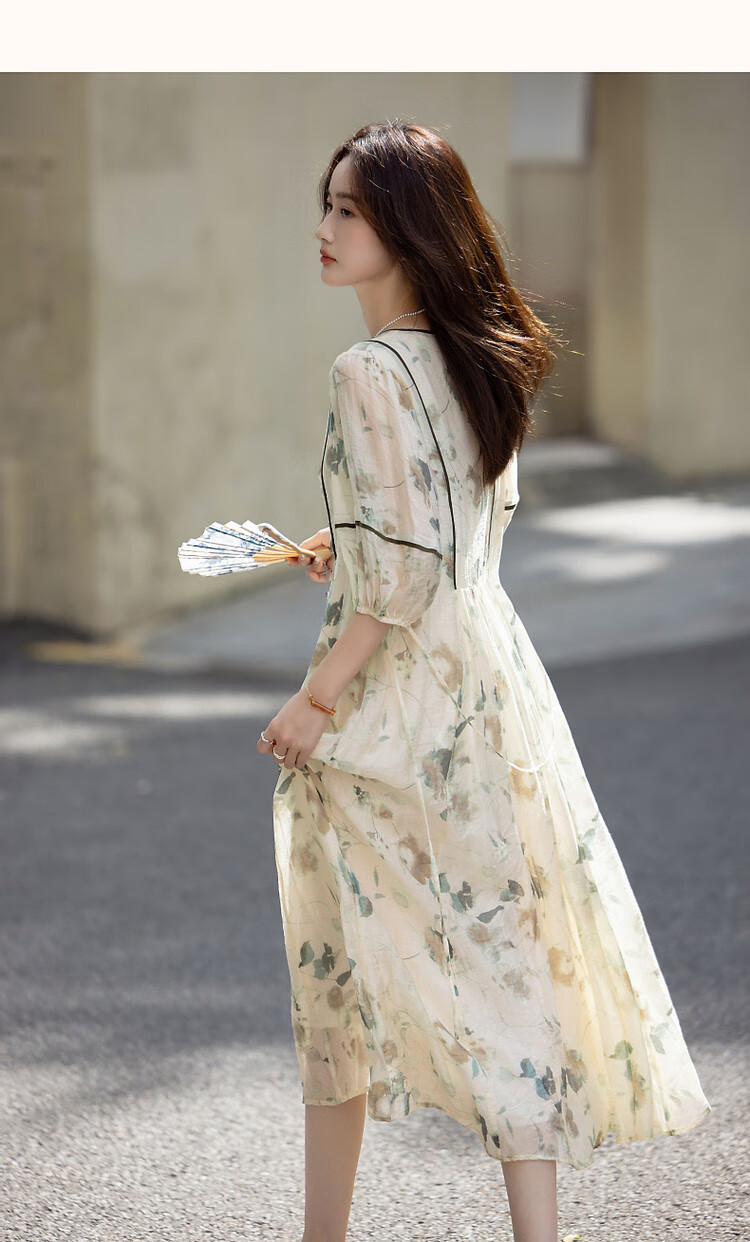 Demana [Breathable Tencel] Summer Romantic French V-Neck Striped Printed Petite Elegant Women's Dress 15