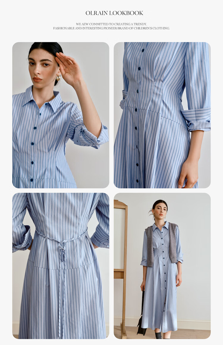 Oulain Autumn Women's Wear, Commuter Blue Striped Waist-Cinching Shirt Dress, Slimming Long Skirt, Blue Stripes, Size S 3