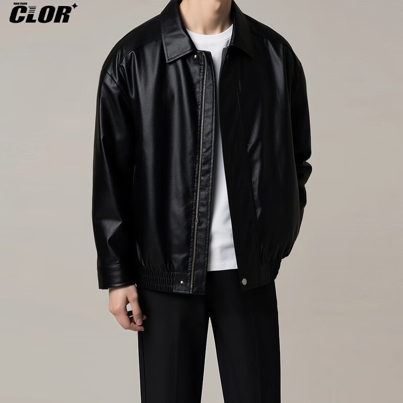 CLOR Solid Color Men's Leather Jacket Autumn Winter Hip-Hop American Vintage Biker Style PY01 Black XL