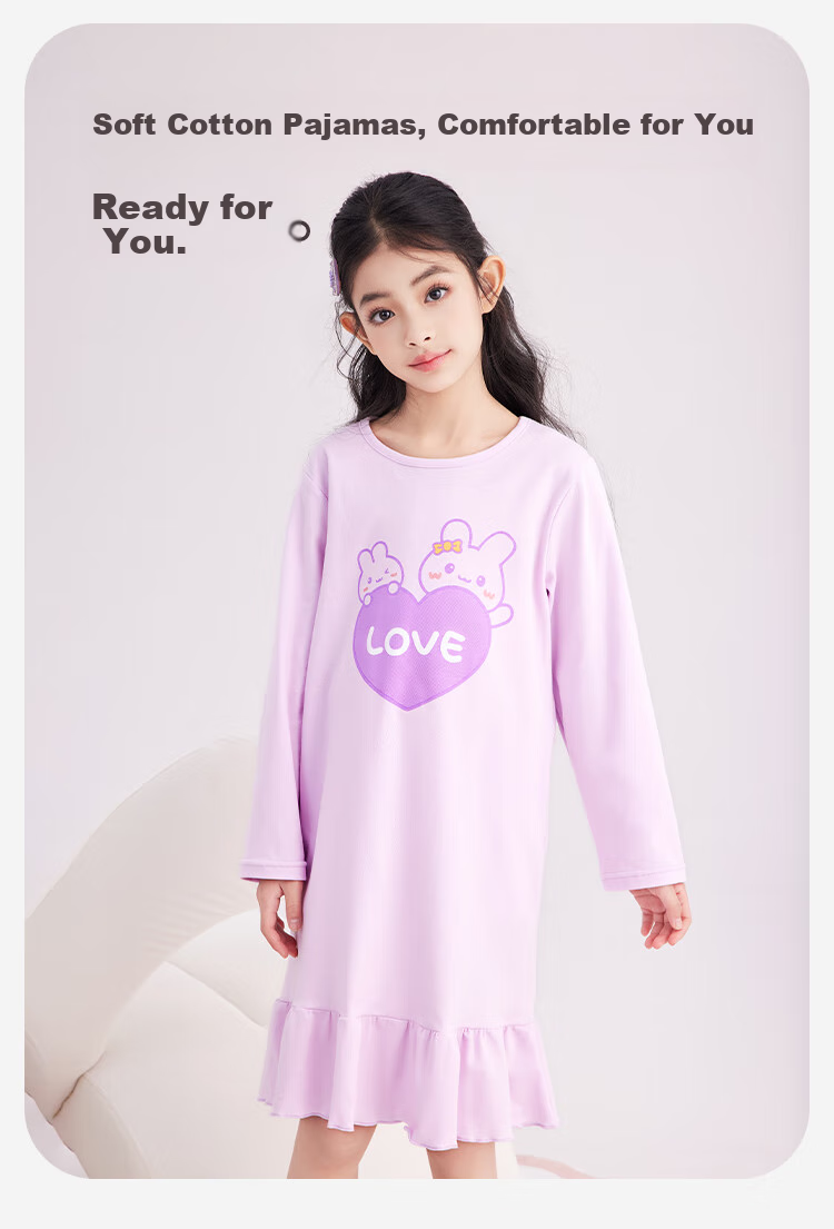 DEESHA [60S High-Count High-Density Cotton] Girls' Antibacterial Lightweight Nightgown, Summer Cotton Long-Sleeve Home Dress 8