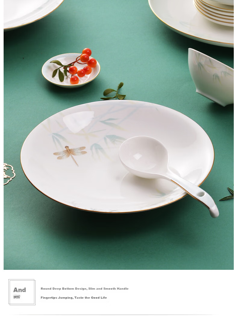 HG Guoci High-Temperature Glazed Bone China Dinnerware Set, Light Luxury Gold-Rimmed Qingting, 6 People, 32 Pieces 11