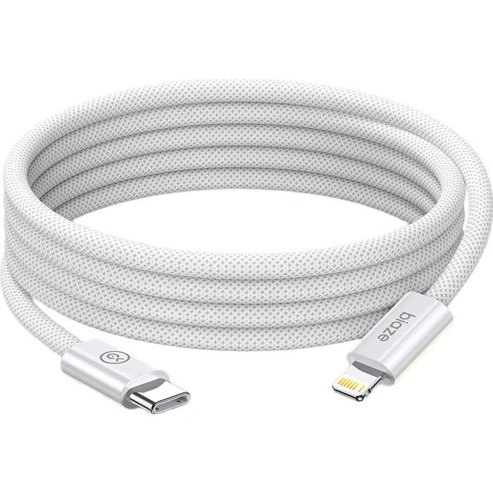 Кабель BIAZE PD20W Braided Fast Charging Cable для Apple, совместим с iPhone 14/13/12 Pro Max/11/XS/XR/iPad, автомобильное зарядное устройство, длина 2 метра, белый