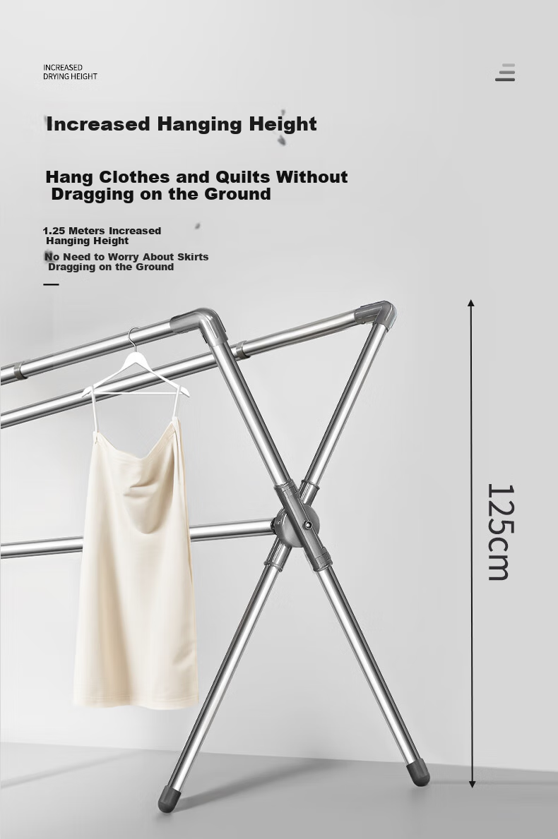 Baoyouni Floor-Standing X-Shaped Stainless Steel Folding Extendable Clothes Drying Rack for Indoor Balcony Home Use, Quilt Drying Tool Hanger Rod 6