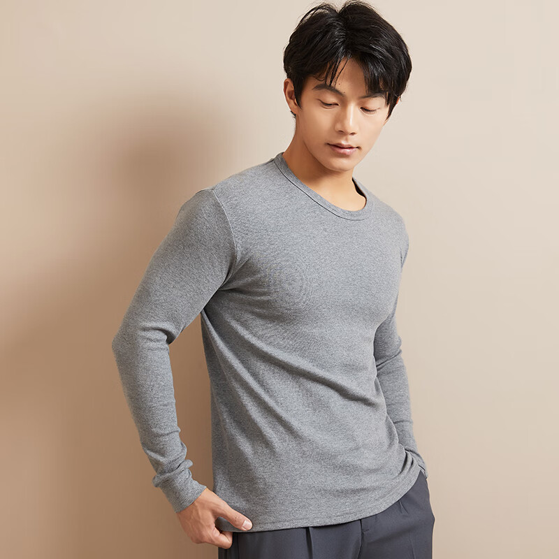 LangSha Men's Autumn Long Sleeve Shirt Single Youth Crew Neck Slim Fit Antibacterial Pure Cotton Base Layer Shirt 10A