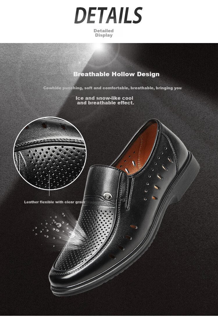 Kangnai Leather Shoes, Perforated Shoes for Men, Summer Sandals, Comfortable Casual Business Formal Dress Shoes, Hollow-Out Shoes, Glossy Breathable Men's Shoes, Black, Size 43 5