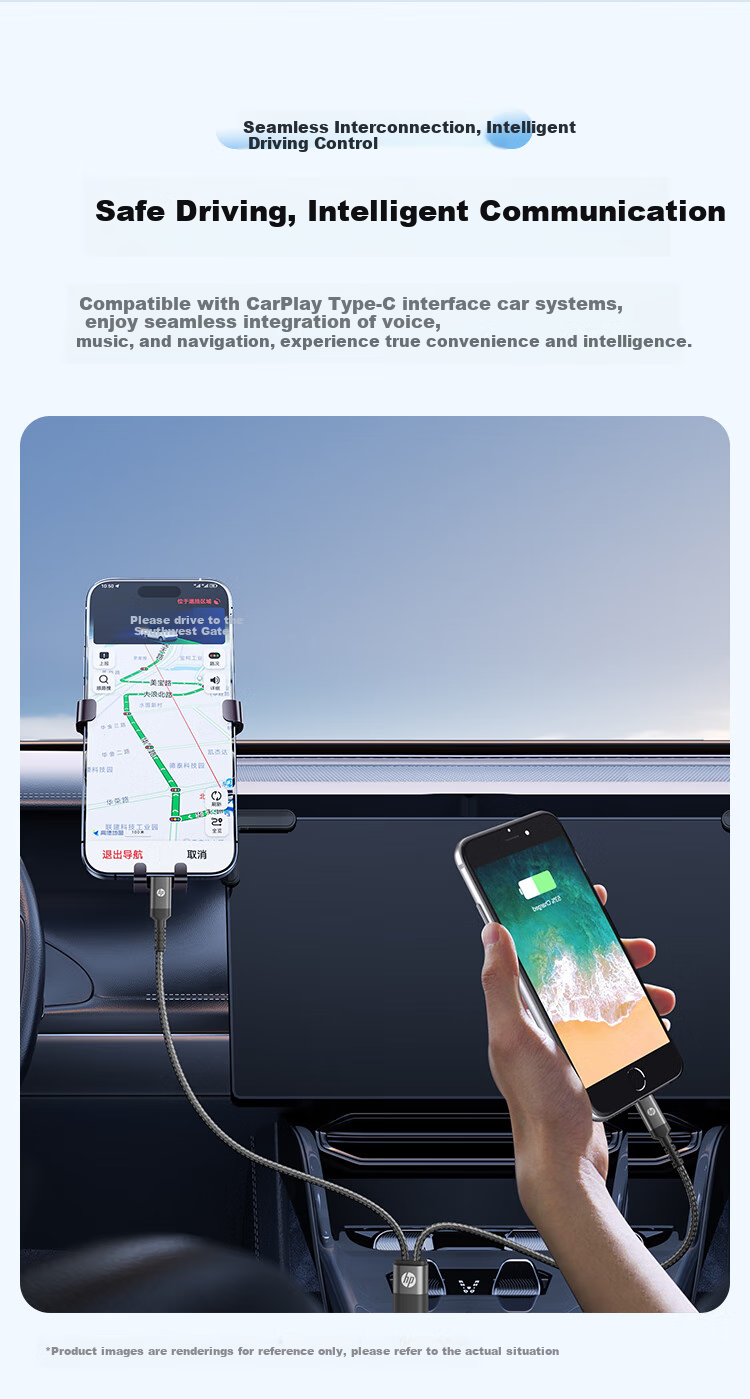 HP Two-In Dual-Head Type-C Charging Cable, PD100W Fast Charging Cable for Car, CarPlay Data Cable with E-Marker Chip, Suitable for Computers, Tablets And Phones, 1.5 Meters 5