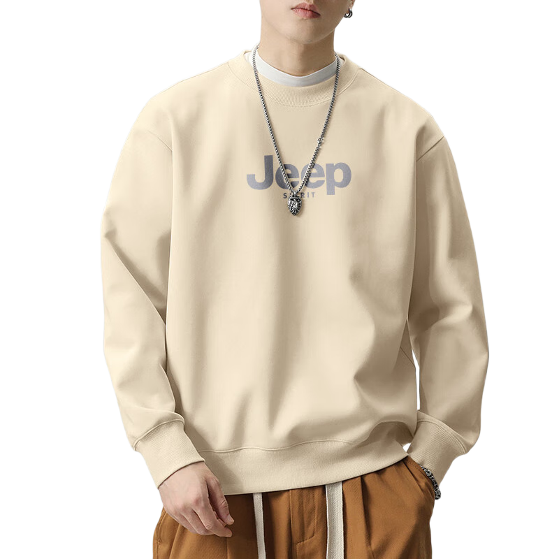 JEEP SPIRIT Men's Light Beige Pullover Hoodie No Hood Autumn Casual Loose Fashion Printed Sweatshirt Size L