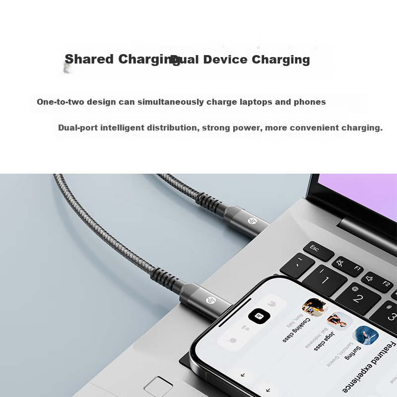 HP Two-In Dual-Head Type-C Charging Cable, PD100W Fast Charging Cable for Car, CarPlay Data Cable with E-Marker Chip, Suitable for Computers, Tablets And Phones, 1.5 Meters