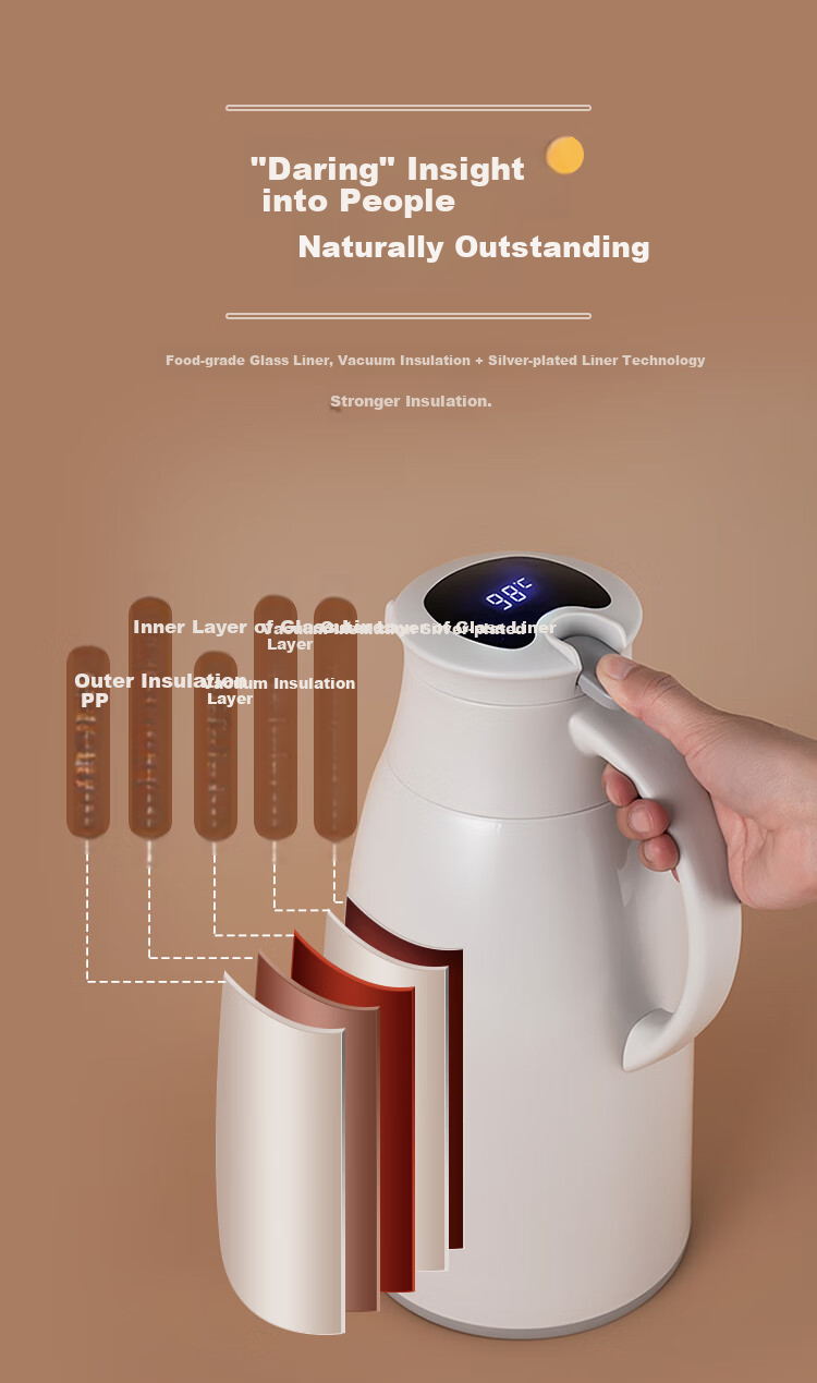 JEKO&JEKO Insulated Water Bottle for Home Use, Hot Water Thermos, Dormitory Large Capacity Water Jug with Digital Display, 1.6L Light Gray 3