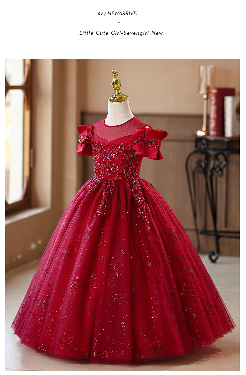 LUOBOBEIBEI Princess Dress Girls Puffy Tulle Dress Children's Formal Wedding Dress Little Girl Piano Performance Dress Red 120 1