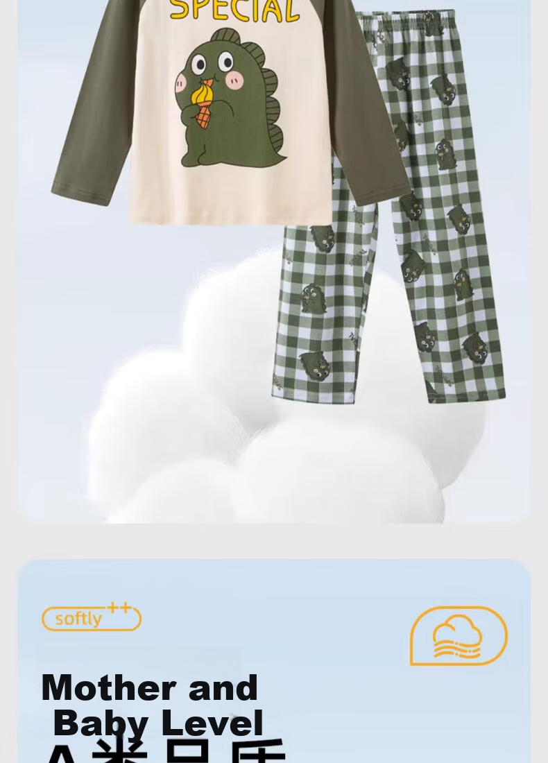 Langsha Boys' Pajamas Spring Autumn 2026 New A-Class Pure Cotton Children's Homewear Set Big Kids Autumn Tops and Bottoms 4