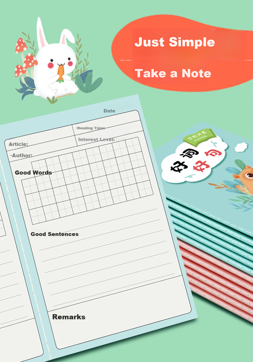 Faramon Elementary School Student's Daily Accumulation Reading Notes, Good Words And Sentences Collection Notebook, Reading Record Book, Vocabulary Accumulation Student Record Book, Pink Rabbit, 10 Books 2