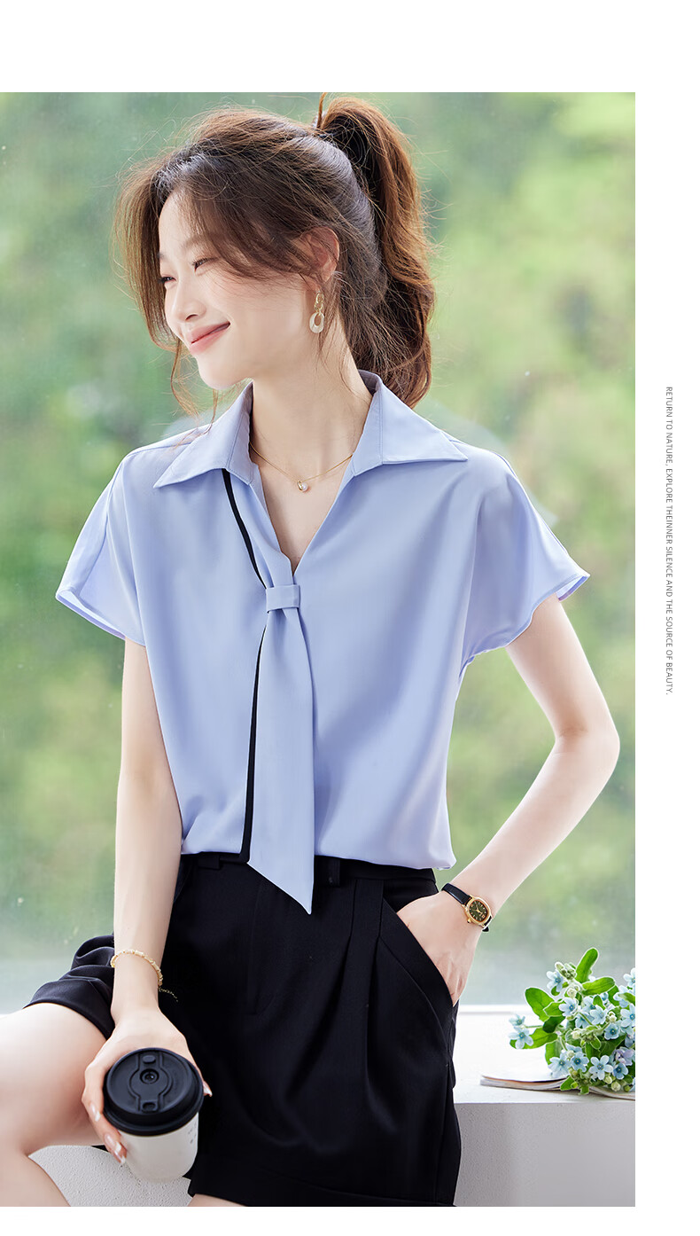 Jeanswest Women's Short Sleeve Shirt 2025 Summer High-End Design Ribbon Versatile Commuter Top White M 15